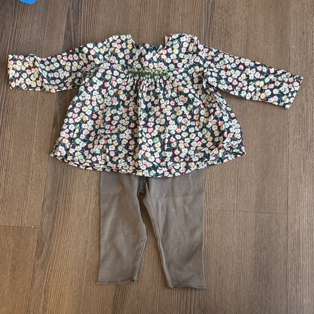 Bonpoint baby girl bundle with floral smocked blouse and khaki leggings 6m